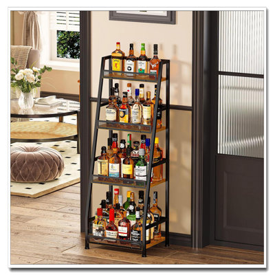 Vintage Brown 4-Tier Trapezoid Liquor Stand, Freestanding Stepped Wine Rack With Fences For Home Bar Corner by Trent Austin Design