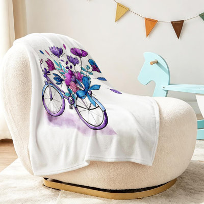 Jeté transparent en flanelle de polaire ultra douce, bicyclette aquarelle avec imprimé recto