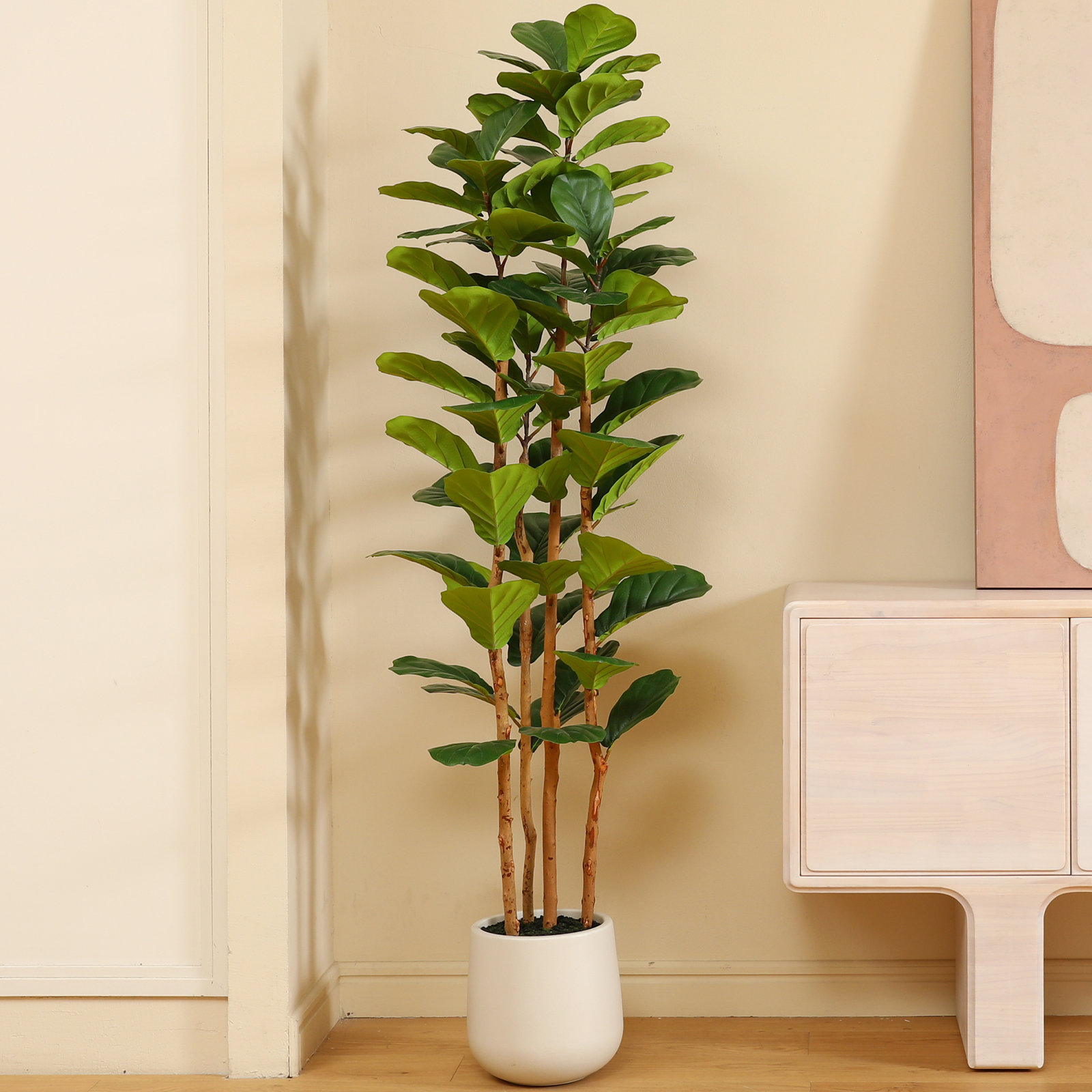 Adarna Artificial Fiddle Leaf Fig Tree with Realistic Leaves and Natural Trunk, Potted Tree, 72" H x 24" W x 24" D