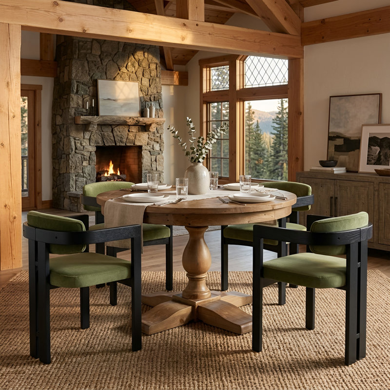5-Piece Dining Set Mid-Century Modern Wooden Table & Upholstered Chair Set For Home, Kitchen, Dining Room, Green