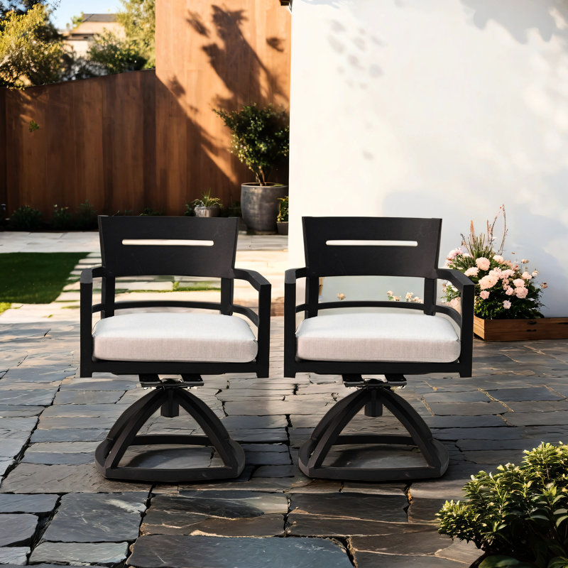 Fauteuil à bascule pivotant extérieur Ember Black (lot de 2). Structure légère en aluminium, dossier ergonomique, coussins en tissu.