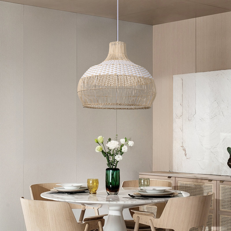 Calpella -Natural and White Rattan Light Pendant, 21.65" H x 21.65" W x 21.65" D