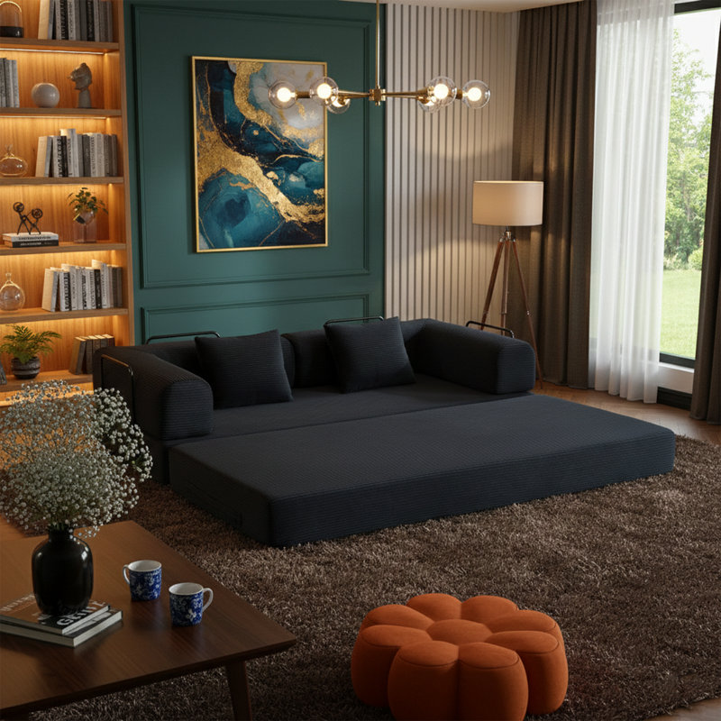 Canapé-lit convertible 77,9 po avec coussin cylindrique - 4-en-1 - Velours côtelé noir, Noir