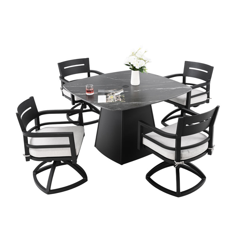 5 Modern Outdoor Dining With 44" Sintered Stone Table, Flared Base, 4 Swivel Rocking Chairs, Cushions And Easy Seating/Exiting Pedestal Rust- Design