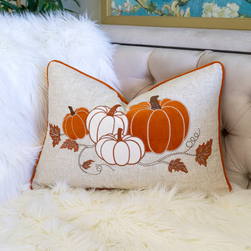 Coussin brodé lombaire citrouille brodé - Coussin décoratif d'automne, Simple, Rouille