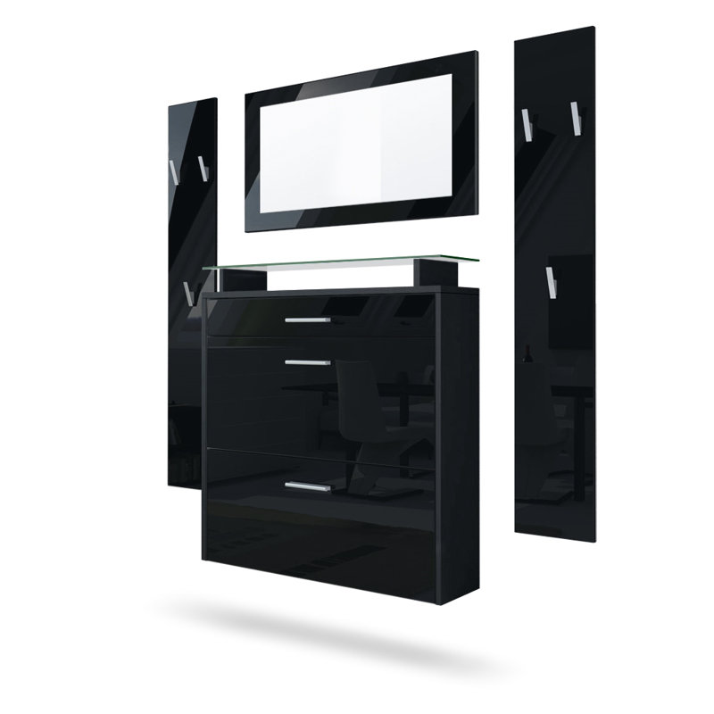 Mccarroll Hall Tree with Shoe Storage, Glossy black/Matt black