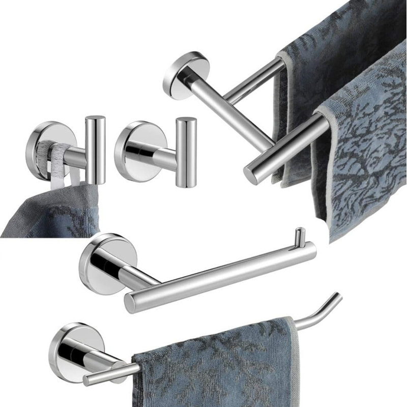 5-Piece Bathroom Hardware Set - Stainless Steel Wall Mounted Towel Bar, Hand Towel Holder, Toilet Paper Holder & 2 Hooks - Space Saving Design