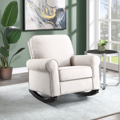 Chaise berçante en tissu beige, siège à ressorts ensachés, structure intérieure en bois, coussin de siège amovible, profondeur, largeur, hauteur, plancher du dossier de l'accoudoir, capacité de poids, fauteuil de longueur