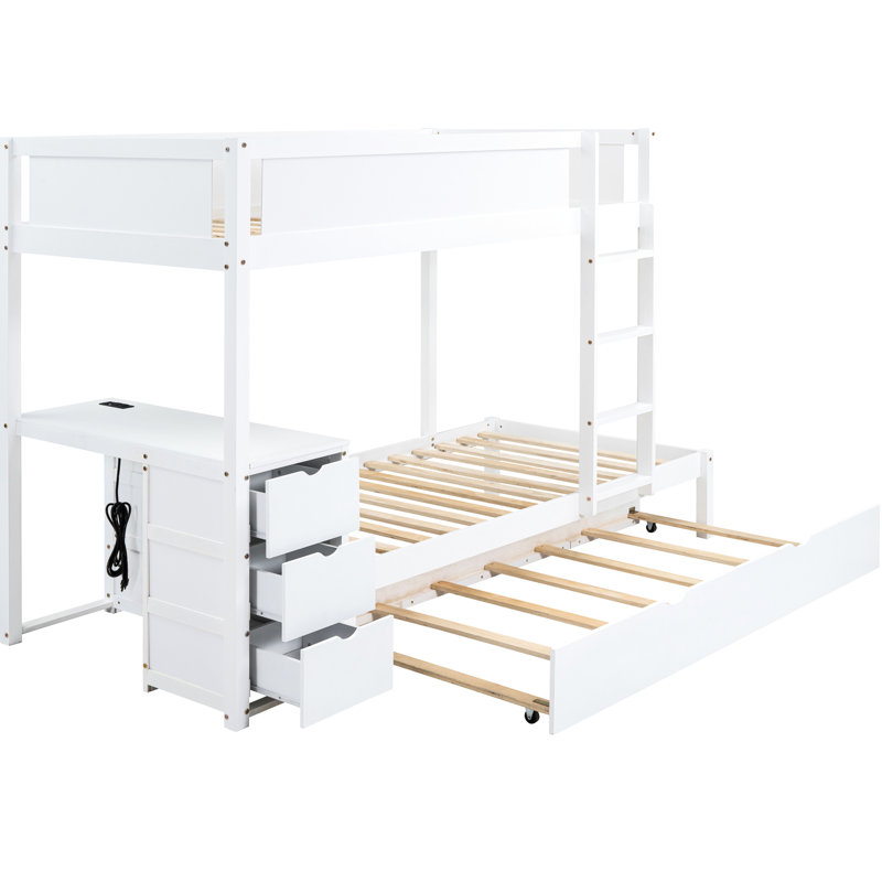 Lit superposé blanc Twintwin avec prises et bureau - Accessoire de chambre à coucher moderne, rangement utile, bureau, lit gigogne simple