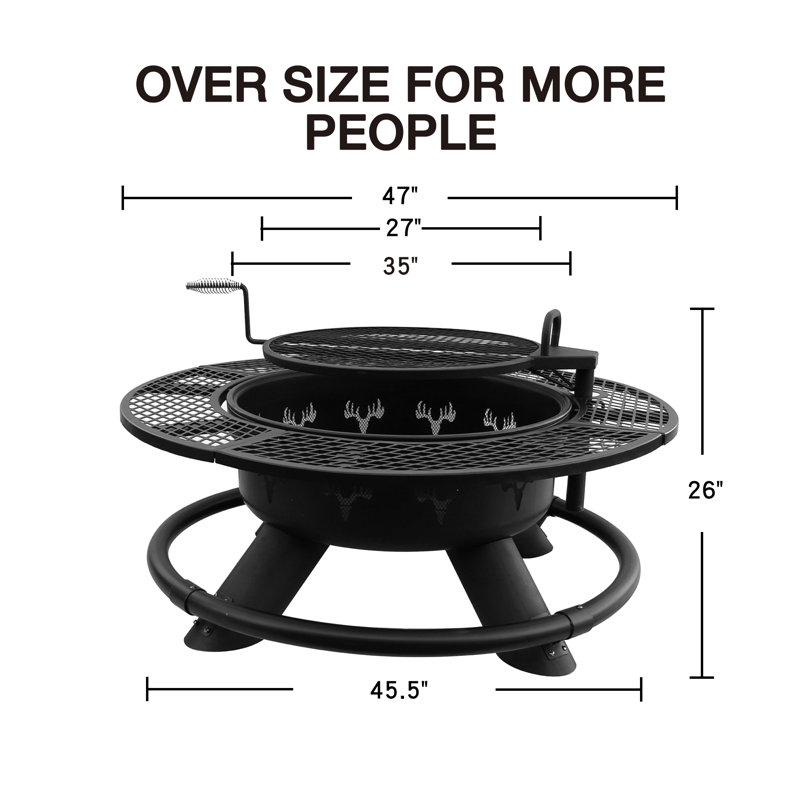 Arlmont & Co. Large 47" Wood Burning Fire Pit Outdoor Backyard Patio Fire Pit With Cooking Grill Grate, Deer Head Style