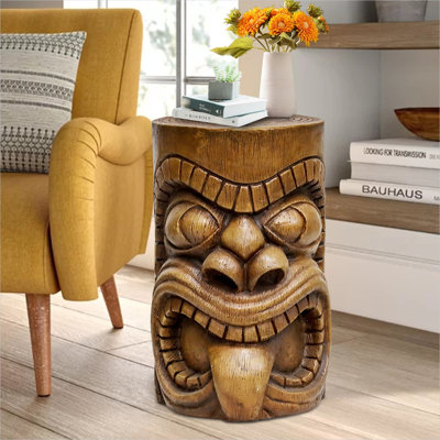 Statue de table d'appoint 13 pouces Tiki en brun classique, sculpture intérieure / extérieure en béton renforcé de fibres avec sculptures polynésiennes