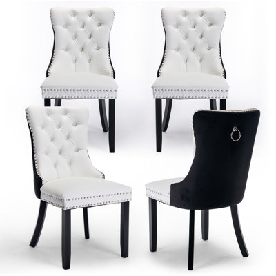 Ensemble de 4 chaises de salle à manger rembourrées en cuir et tissu noir / blanc