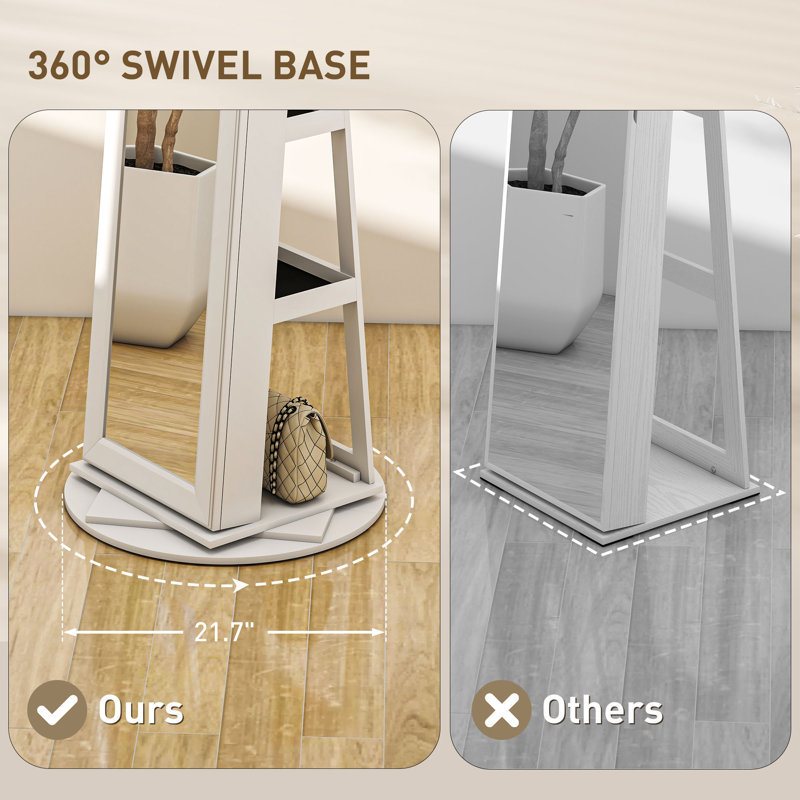 360° Swivel Jewelry Cabinet, Lockable Jewelry Armoire Organizer with Full-Length Mirror, Storage Shelves, Interior Small Mirror, for Bedroom Living Room, Gray