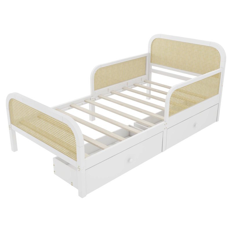 Structure de lit plateforme simple avec 2 tiroirs de rangement, lit en rotin pour enfants avec tête et pied de lit, blanc