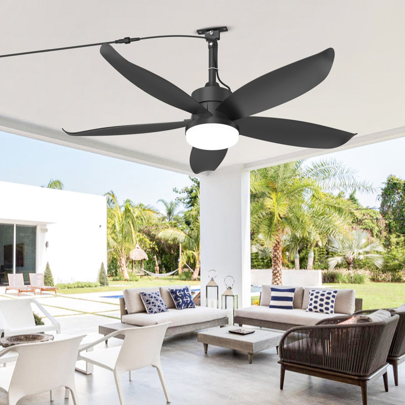 Ventilateur de plafond extérieur étanche 42 po avec tige de suspension noire, éclairage, 6 vitesses, 3 températures de couleur, télécommande, prise secteur