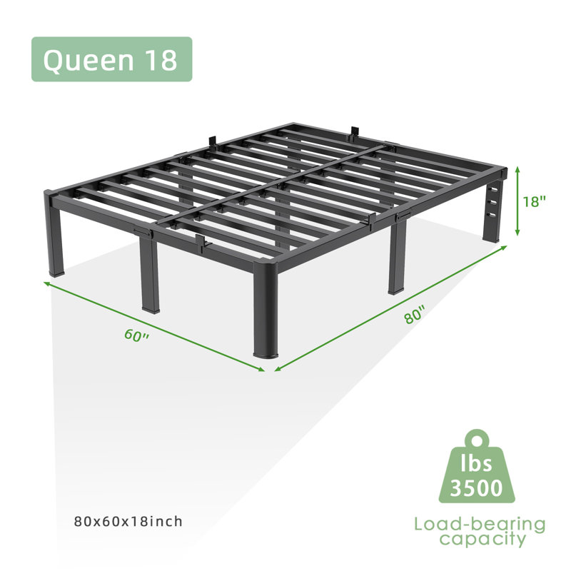 Structure de lit pour grand lit en métal 18 po avec lattes en acier renforcé et espace de rangement, Grand lit