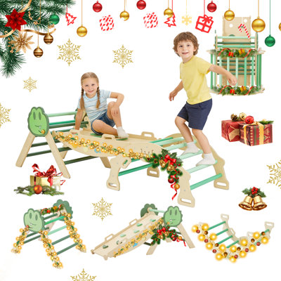 Ensemble de triangle jaune Montessori pliable 7-en-1. Jouets d'escalade en bois pour tout-petits avec rampe. Arche et échelle. Jungle d'intérieur pour enfants