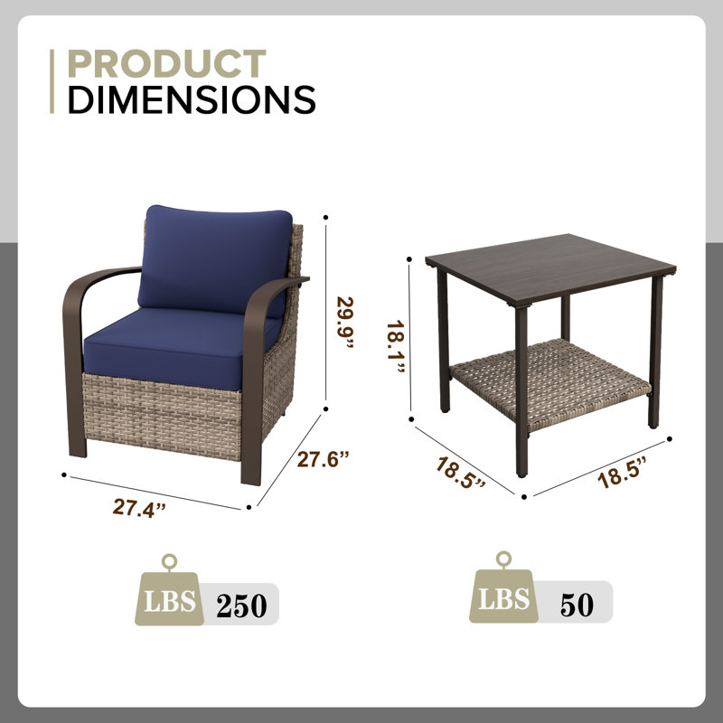 Ensemble de conversation 3 pièces avec chaises et accoudoirs incurvés, Bleu