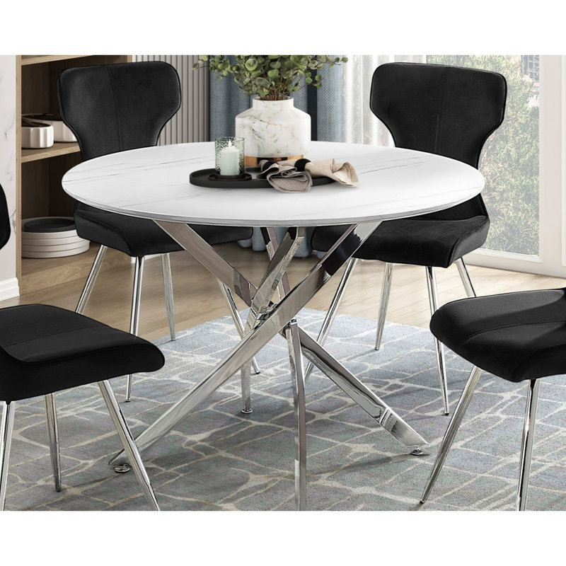 Ensemble de salle à manger ultra moderne 5 pièces Table ronde en faux marbre et 4 chaises d'appoint en velours avec finition en chrome et pieds en métal