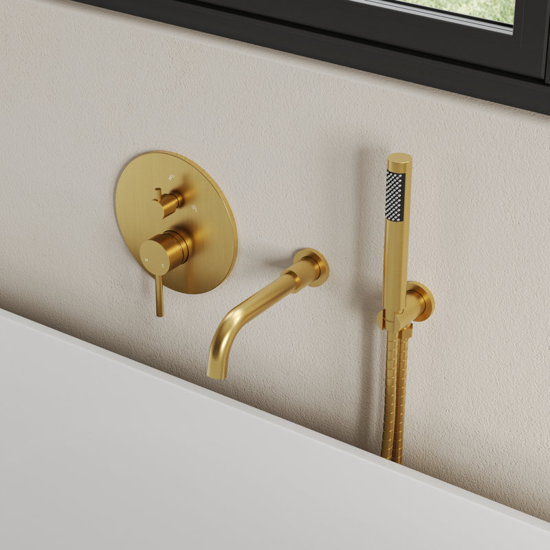 Wall Mount Tub Faucet with Pressure Balance Valve and Hand Shower, Brushed Gold