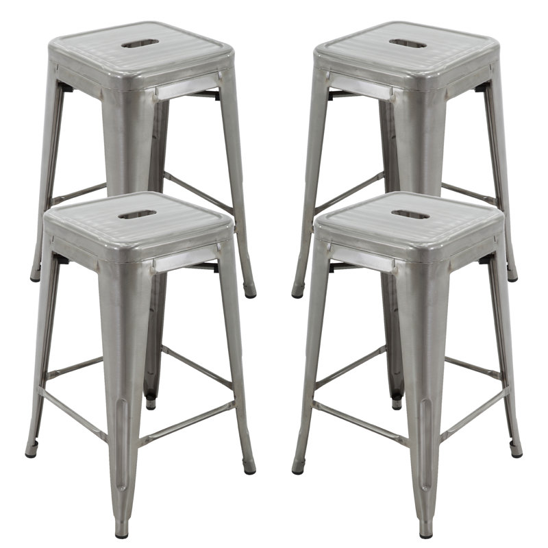 Almodovar 24" 24 Inch Metal Bar Stools, Backless Counter Height Barstools, Bar Stools Set Of 4, Brushed Steel