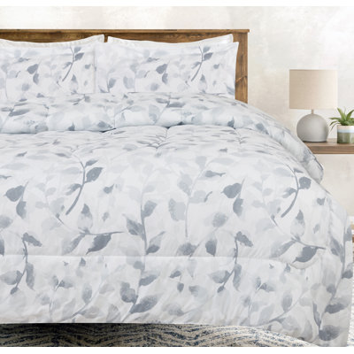 3-Piece Chanasya Grey Leaf Botanical Microfiber Comforter Set