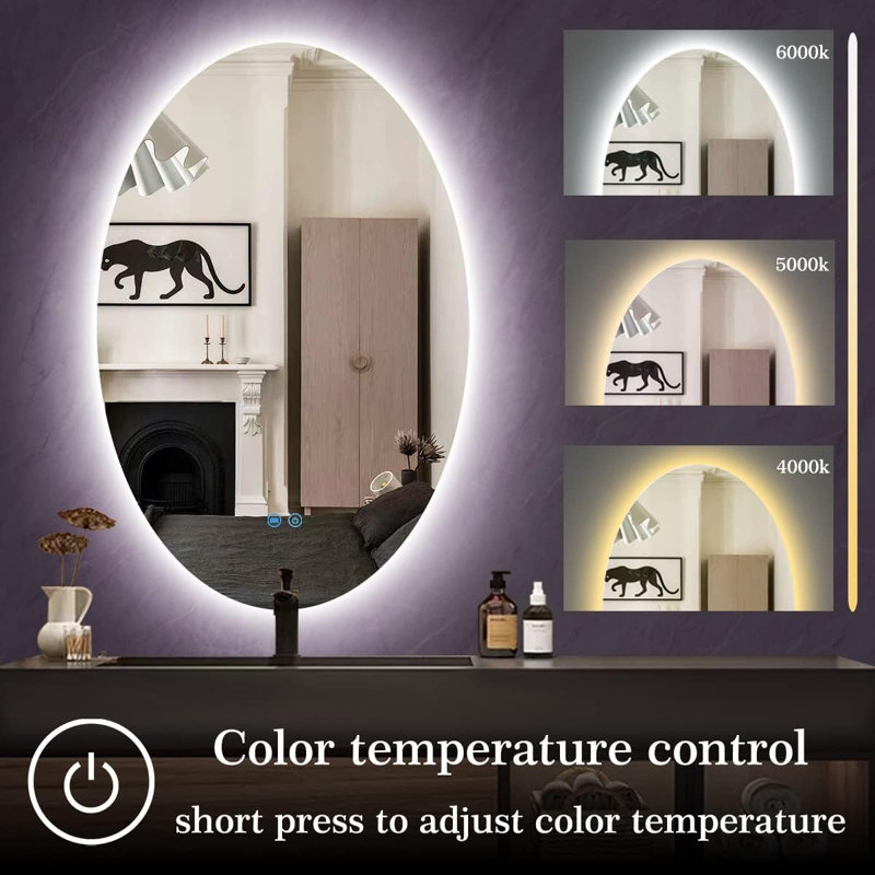 28 po. 40 po. Miroir de salle de bain ovale rétroéclairé sans cadre avec rétroéclairage à DEL à 3 couleurs à intensité variable pour mur de salle de bain