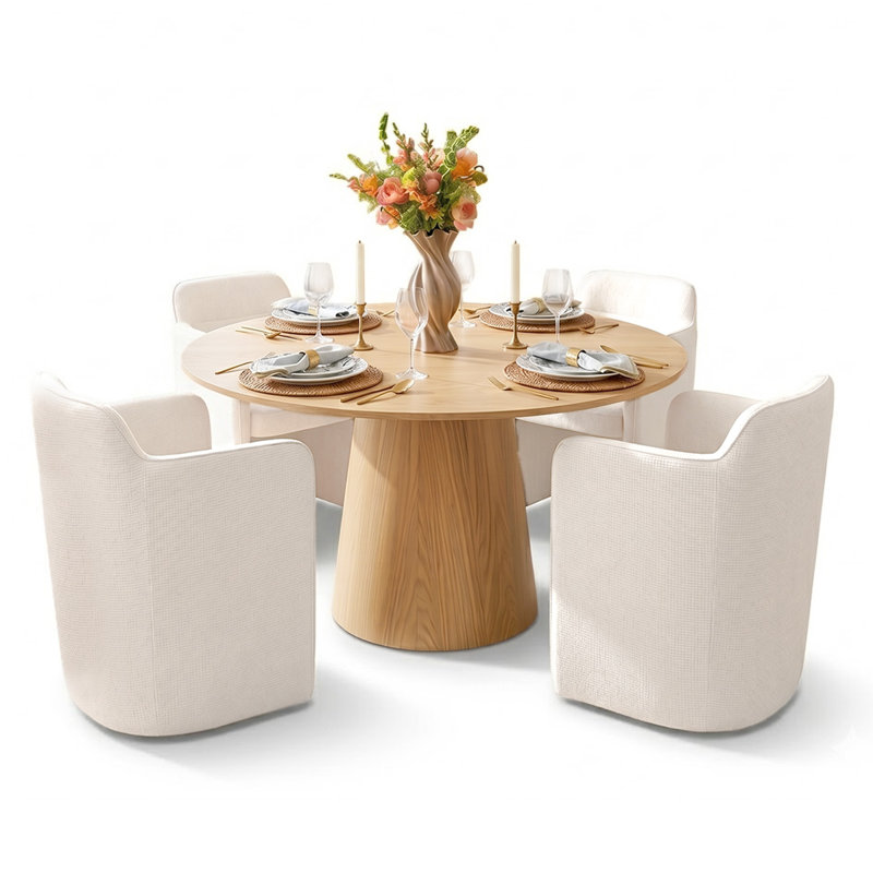 4 - Person Dining Table Sets With Solid  Round Table & 4 Upholstered Fabric Chairs, Beige, Yellow