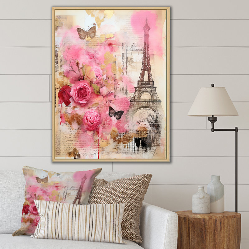 «Pink Blossoming Spring In Paris», collage rétro sur toile, Cadre flottant brun, 44" H x 34" W