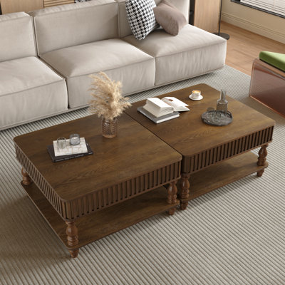 Table basse à plateau relevable cannelé 31,5 pouces avec rangement ouvert et caché, relevage hydraulique, pieds en bois massif rétro (noyer)