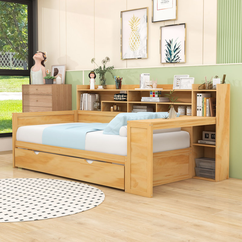 Lit de jour avec couchette, tablettes de rangement et bureau d'étude, Naturel, Lit simple