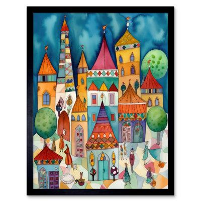 Town Market Square Afternoon Shoppers Folk Art Watercolour Painting Artwork Framed Wall Art Print 9X7 Inch
