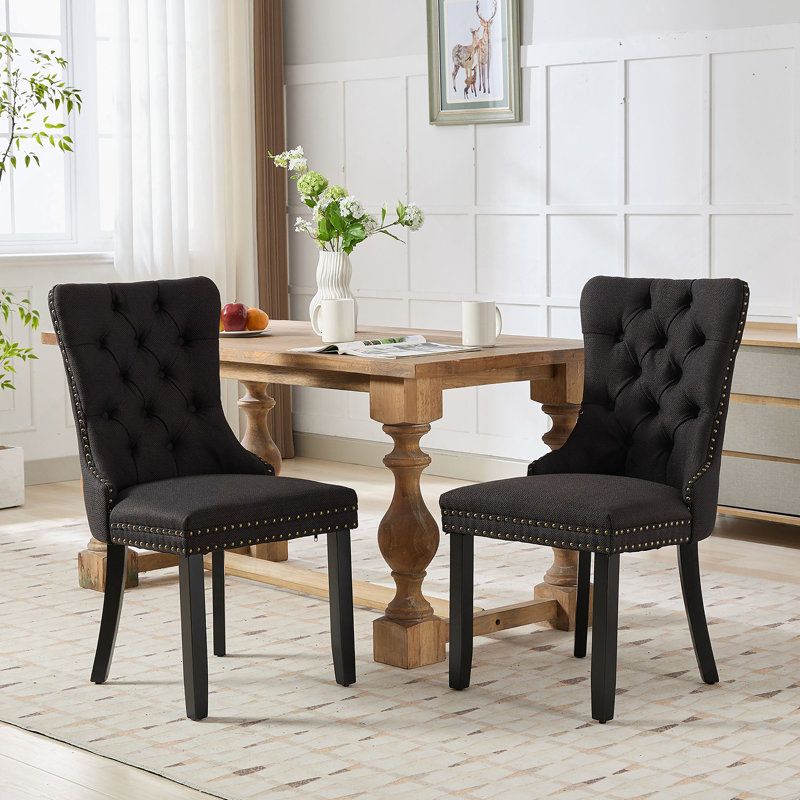 Ensemble de salle à manger 2 pièces en bois massif capitonné de style contemporain avec garniture cloutée, tissu noir et pieds noirs Collection