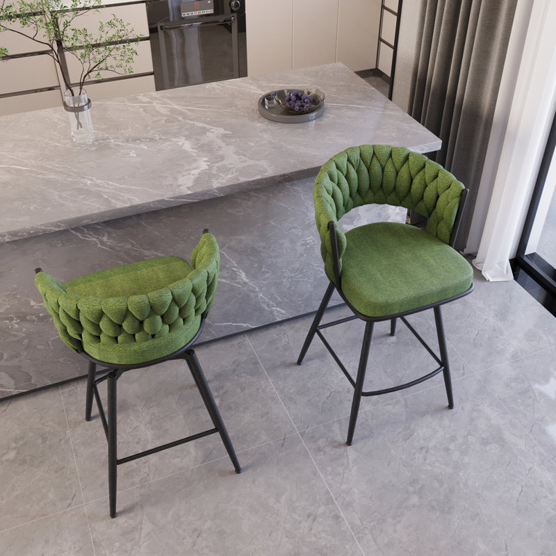 Ensemble de 2 tabourets de bar pivotants modernes en lin avec dossier tissé et repose-pieds