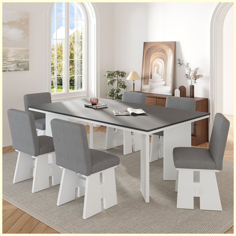 Ensemble de table de salle à manger moderne 7 pièces avec 6 chaises rembourrées, Gris foncé / Blanc, Gris
