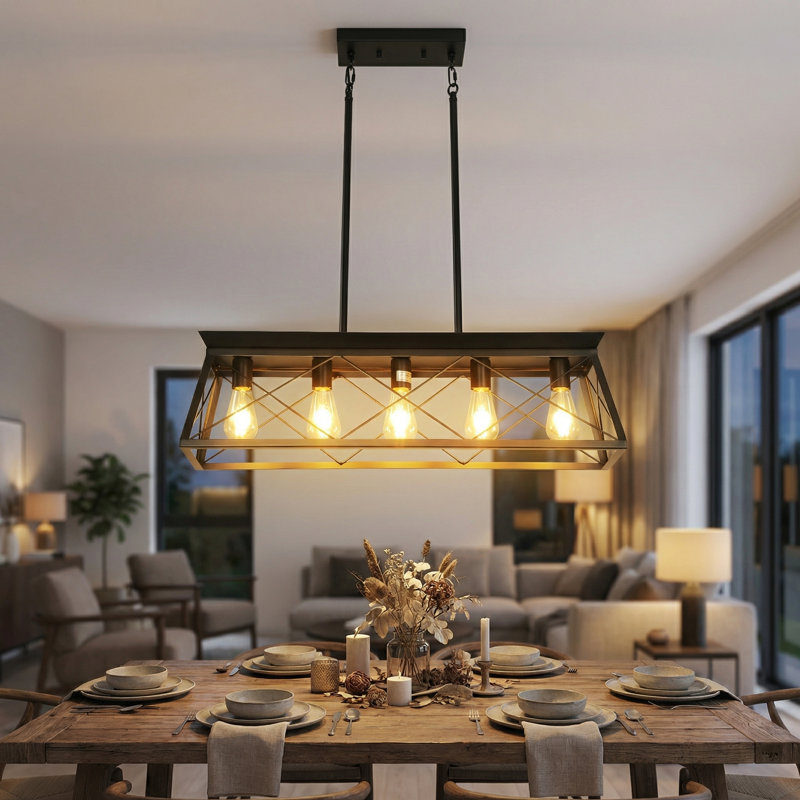 Adjustable 5-Light Farmhouse Industrial Linear Pendant Light Matte Black, Matte Black