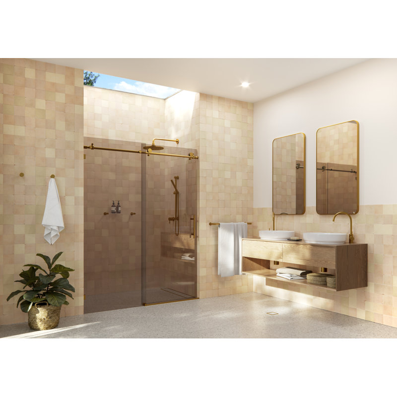 Equinox 56 - 60 in. x 78 in. Fully Frameless Tinted Sliding Shower Door, Satin Brass