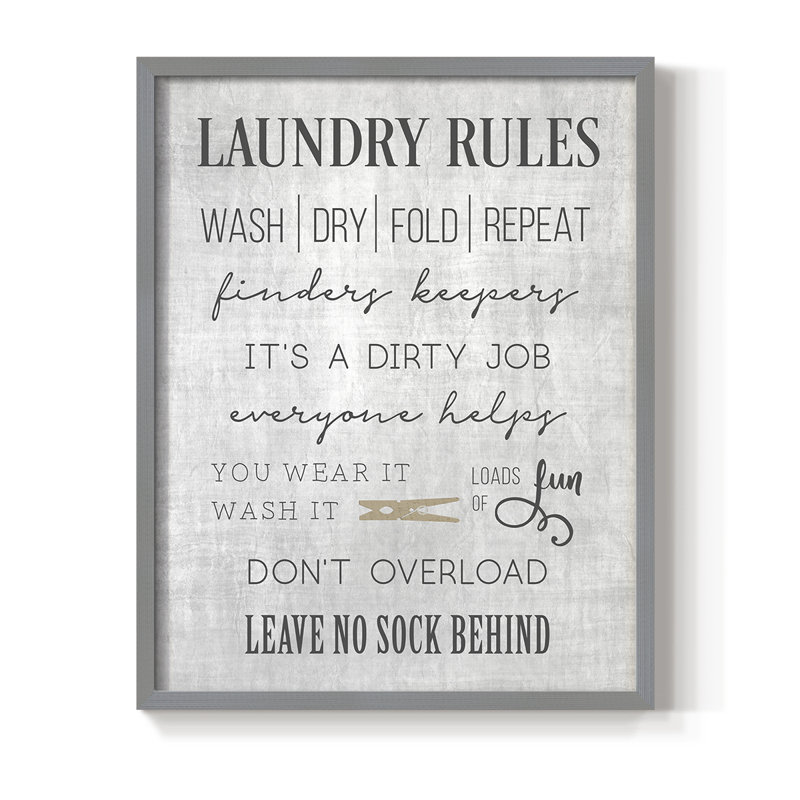 «Neutral Laundry Rules», reproduction encadrée - bois massif, Gris, 15" H x 12" W