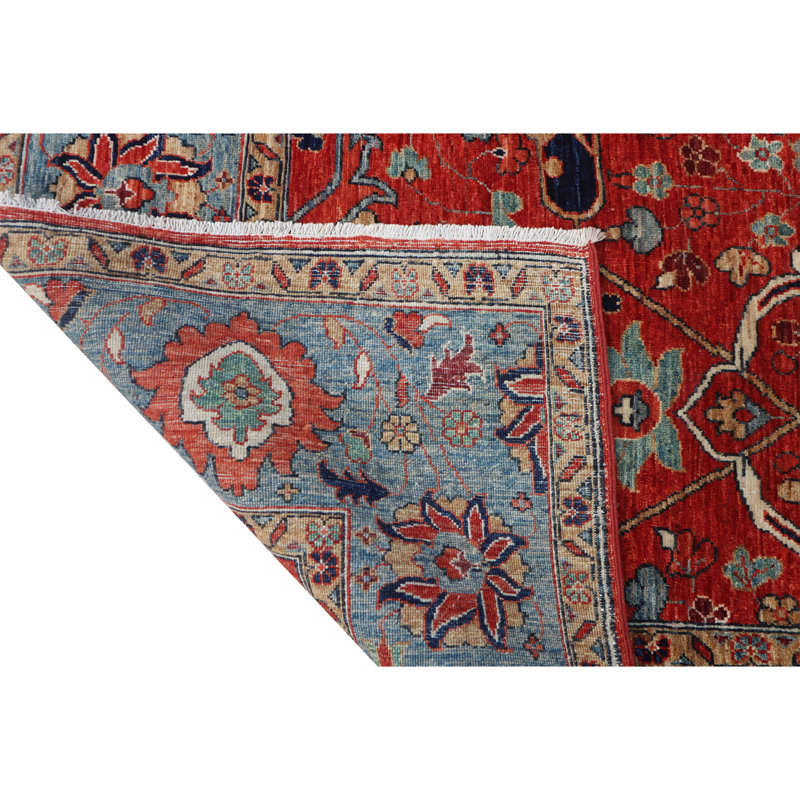 Hand Knotted Wool Area Rug in Red And Light Blue