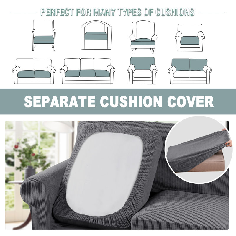 Box Cushion  Armchair  Sofa Slipcover  Machine Washable Cover Rich Textured High Spandex Small Checks Knitted Jacquard Sofa Slipcover with Cushion Covers