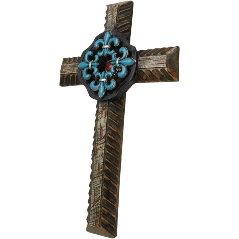 Southwestern Turquoise Fleur De Lis French Lily Faux Wooden Wall Cross Plaque