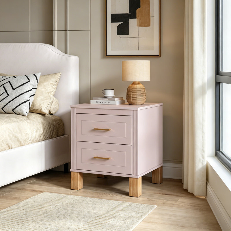Table de chevet 2 tiroirs au design cannelé élégant, avec rangement en bois de qualité supérieure et pieds en bois massif, idéale pour la chambre à coucher et le salon