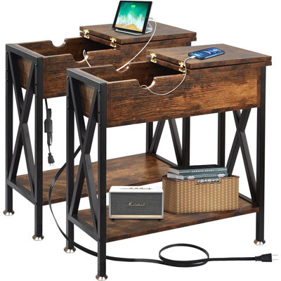  Ensemble de 2 tables de bout pour le salon, table d'appoint étroite avec station de charge, P 11,2 po x l 24 po x H 24 po, table de bout rabattable avec ports USB et prises de courant, ensemble de 2 tables de bout Couch, structure en acier en forme de X