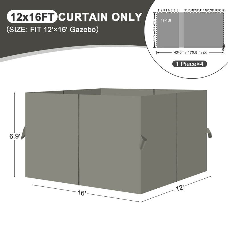 Paroi latérale en polyester pour pavillon de jardin Aoodor, gris, H 82,7 po x l 144 po x P 192 po