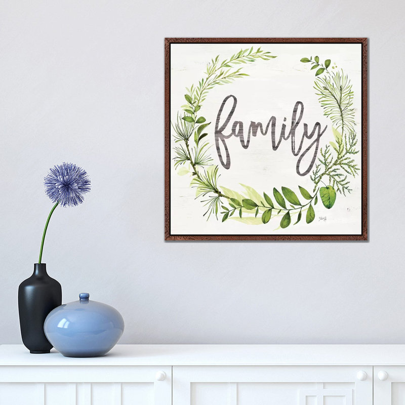 Family Greenery Wreath 1 Piece Wall Art on Canvas, 45.72cm H x 45.72cm W x 3.81cm D, Classic Brown Wood Floater Framed