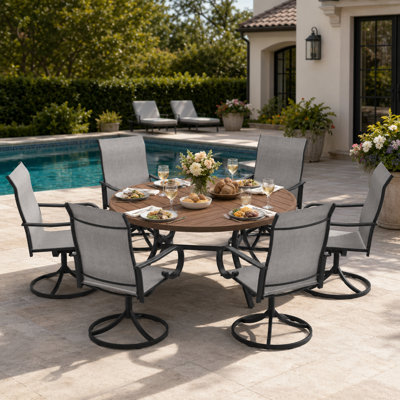 6-Person Round Patio Dining Set With Swivel Textilene Chairs