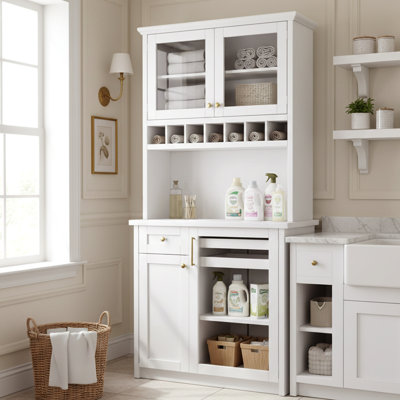 35.4" Freestanding Garage Storage Cabinet with Hutch, Adjustable Shelves, Drawer, Pull-Out Trays & Workstation