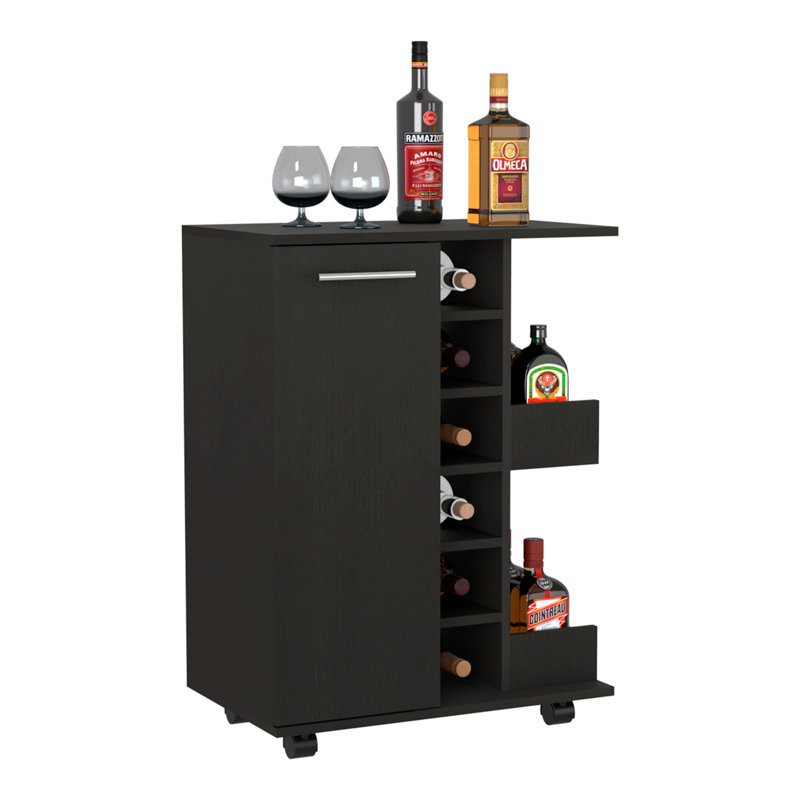 Bar-café-chariot, avec 4 roues, 1 rangement divisé avec 1 tablette, 1 porte pliante, une division verticale centrale pour 6 bouteilles et 2 tablettes latérales 