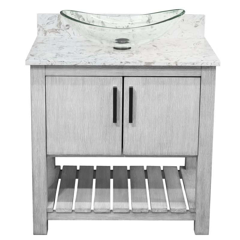 Meuble-lavabo de 30 po avec comptoir en quartz moka, lavabo en verre et quincaillerie noir mat, Noir mat
