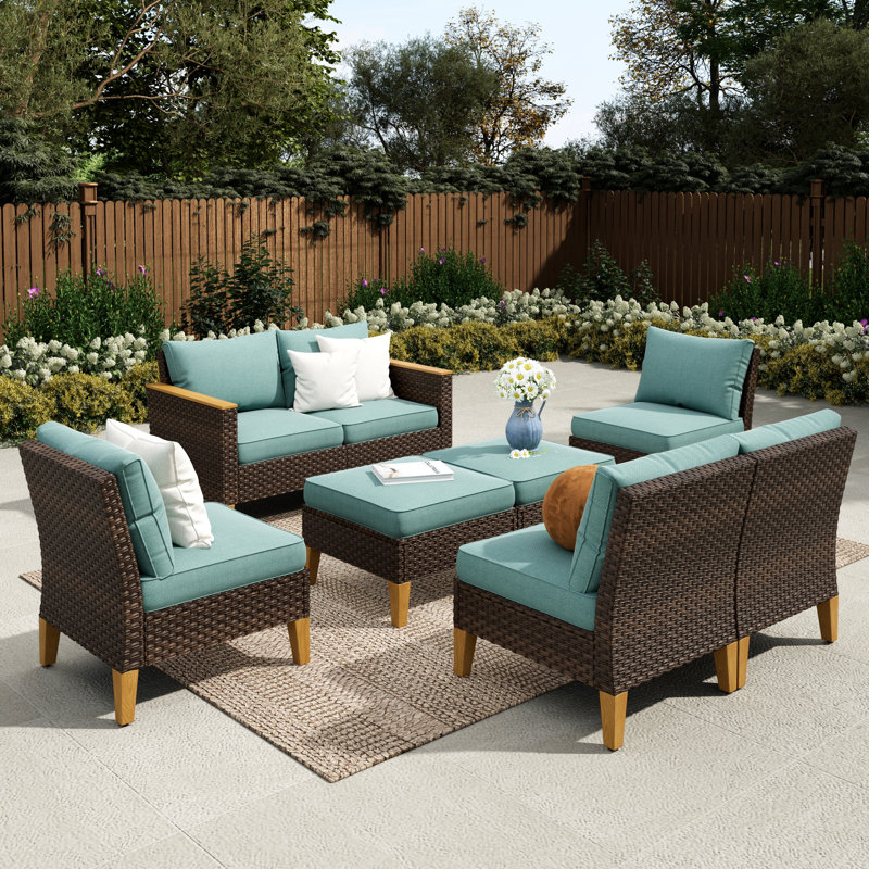 All Weather Wicker/Rattan 8 - Person Seating Group with Cushions, Beige, No